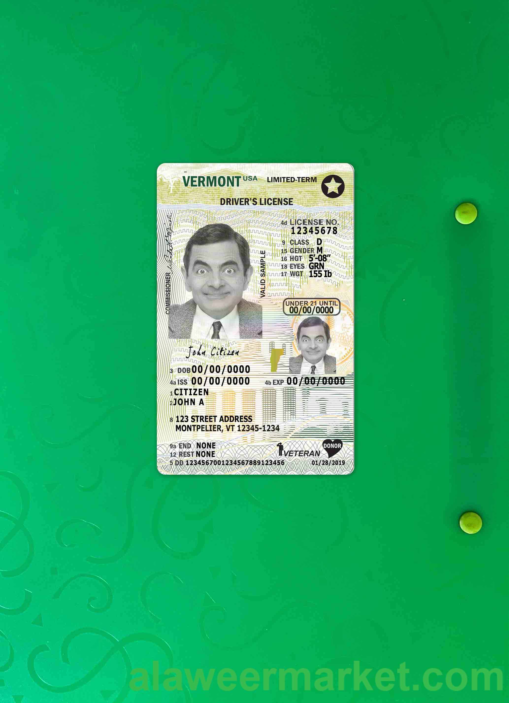 USA Vermont driving license under 21 photolook FRONT